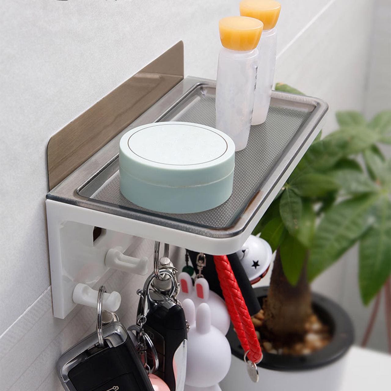 Self Adhesive Wall Storage Shelf with Hooks, Wall Mounted Organizer, No Drilling Hook Rack Storage Basket, Kitchen Storage Rack Self Adhesive Wall Storage Shelf with Hooks, Wall Mounted Organizer, No Drilling Hook Rack Storage Basket, Kitchen Storage Rack